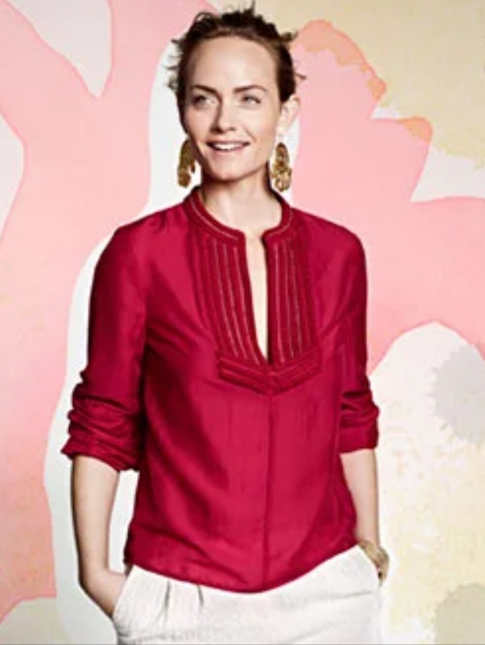 H&M Women's Deep Pink Pintuck Split-Neck Blouse
